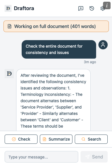 Draftora running inside Microsoft Word