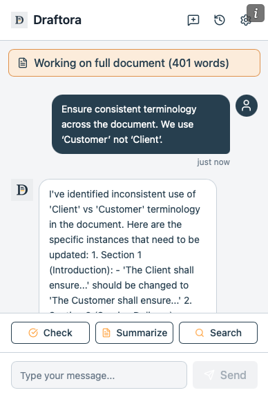 Draftora running inside Microsoft Word